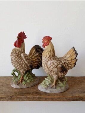 Vintage Homco Porcelain Rooster Hen Figurine Pair #1446 Farmhouse Country Decor